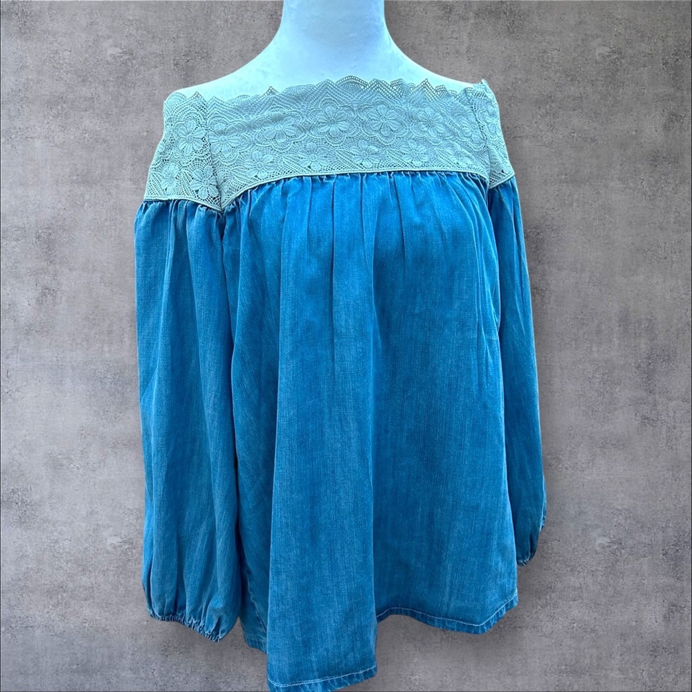 Boston Proper Off-Shoulder Chambray Top Lace Trim‎ Tencel Size S